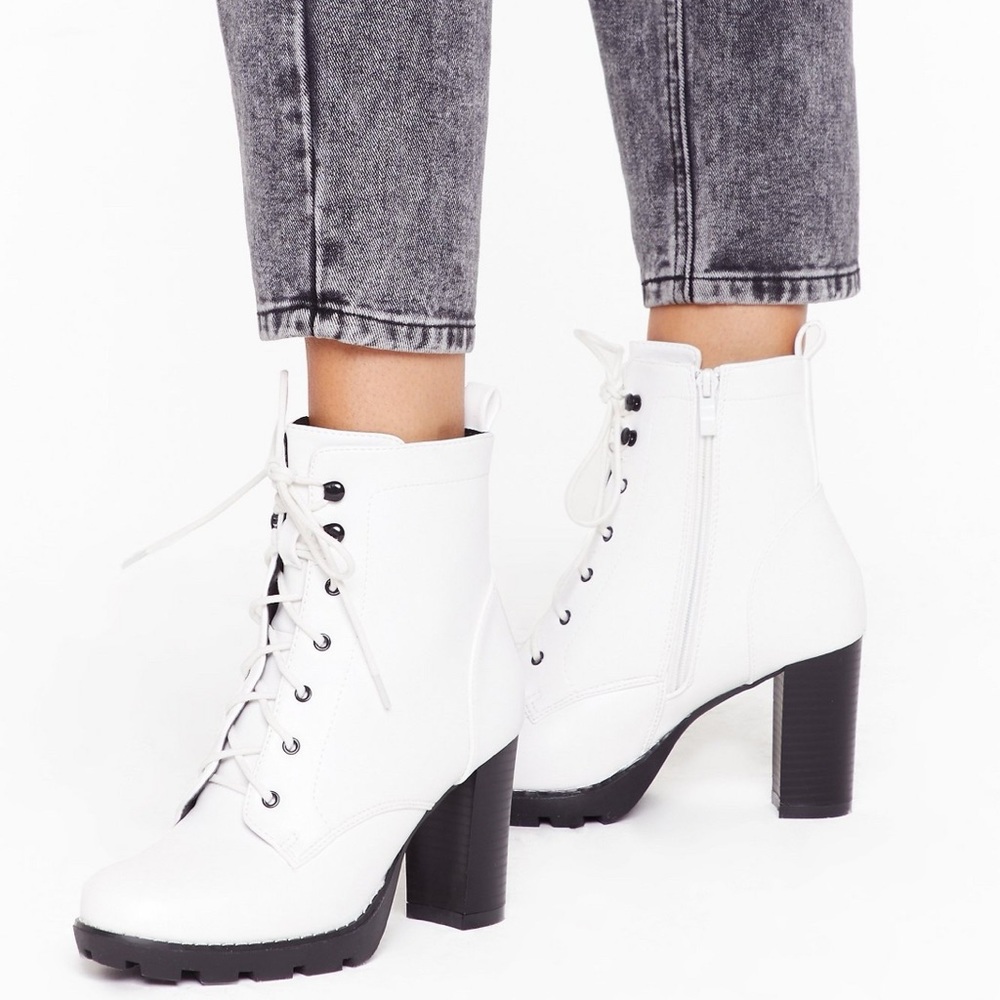 Nastygal White Faux Leather Lace-Up Boots - Size 7